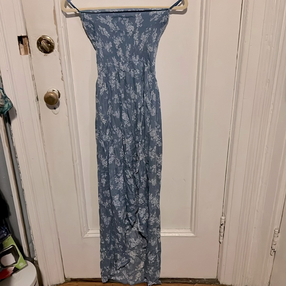 Boho maxi dress strapless blue floral vintage cottage sundress